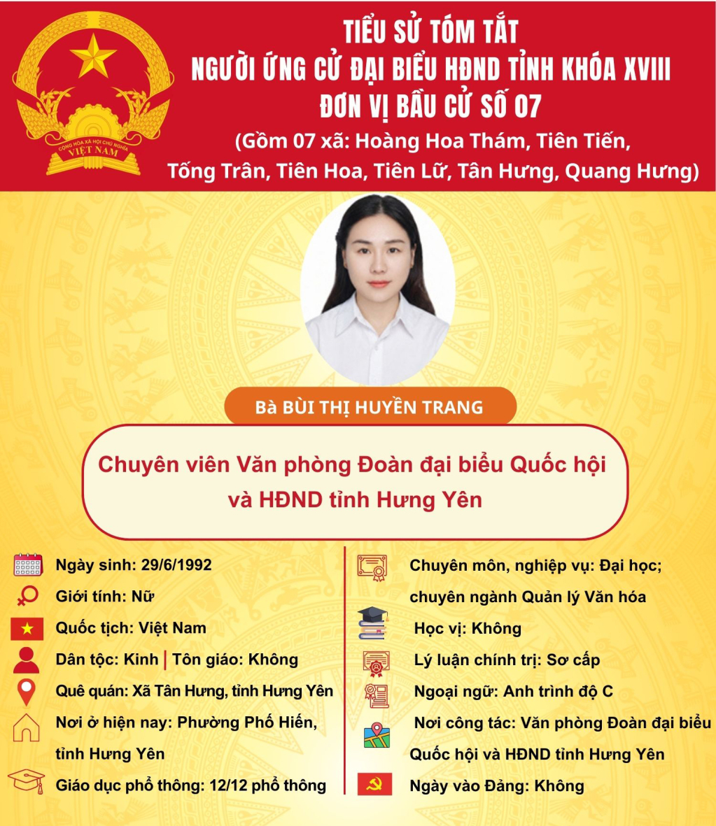 TIỂU SỬ CỦA ỨNG CỬ VIÊN ĐẠI BIỂU HĐND TỈNH KHÓA XVIII TẠI ĐƠN VỊ BẦU CỬ SỐ 7: BÀ BÙI THỊ HUYỀN TRANG