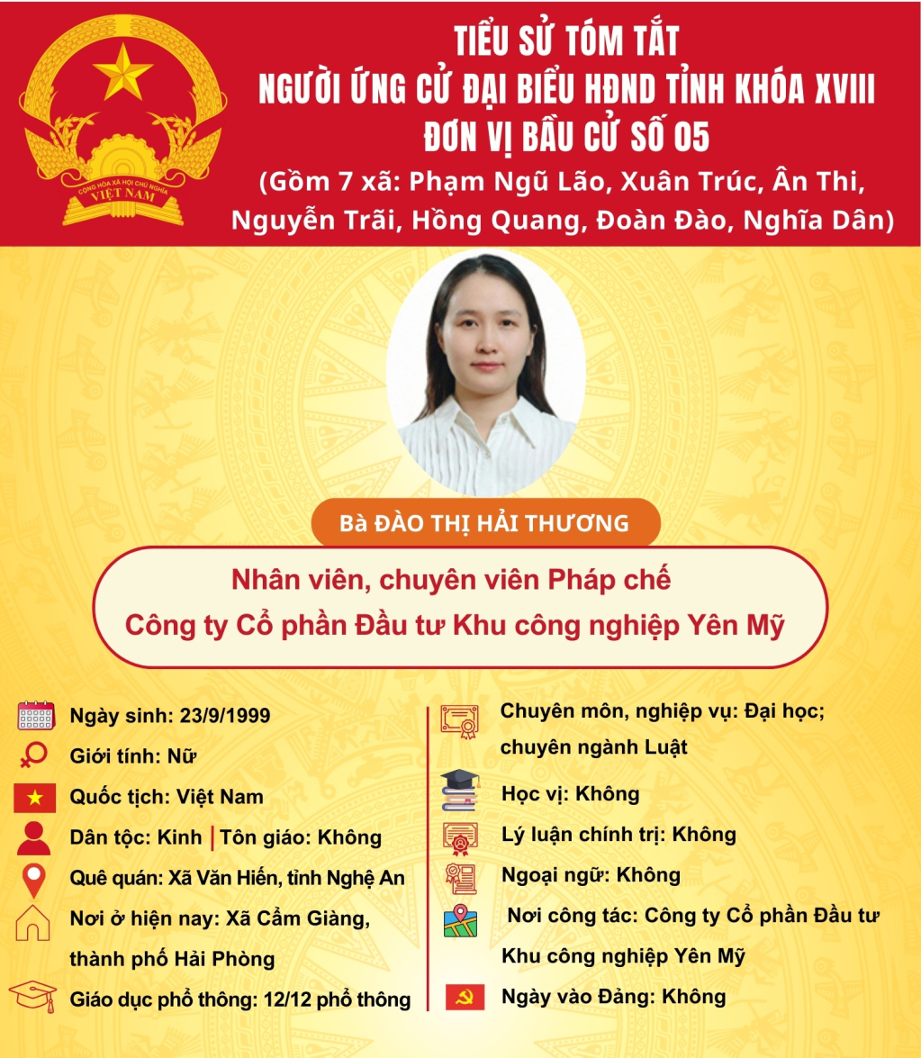 TIỂU SỬ CỦA ỨNG CỬ VIÊN ĐẠI BIỂU HĐND TỈNH KHÓA XVIII TẠI ĐƠN VỊ BẦU CỬ SỐ 5: BÀ ĐÀO THỊ HẢI THƯƠNG