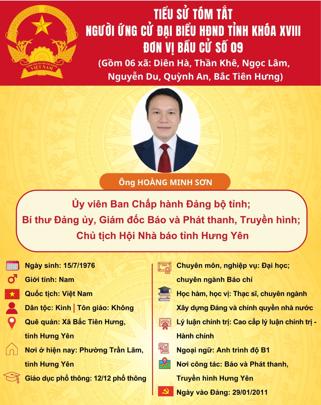 TIỂU SỬ CỦA ỨNG CỬ VIÊN ĐẠI BIỂU HĐND TỈNH KHÓA XVIII TẠI ĐƠN VỊ BẦU CỬ SỐ 9: ÔNG HOÀNG MINH SƠN