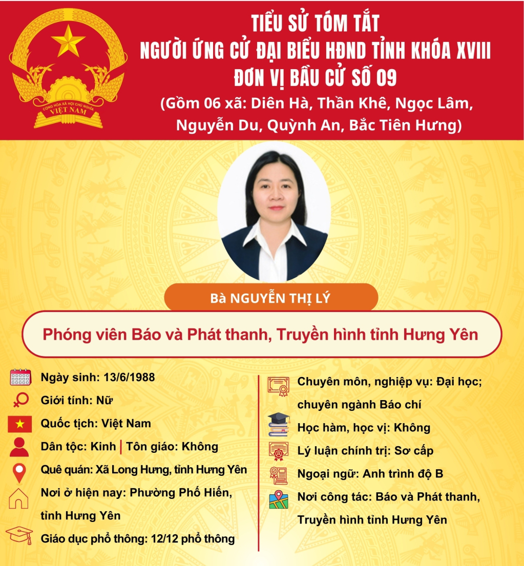 TIỂU SỬ CỦA ỨNG CỬ VIÊN ĐẠI BIỂU HĐND TỈNH KHÓA XVIII TẠI ĐƠN VỊ BẦU CỬ SỐ 9: BÀ NGUYỄN THỊ LÝ