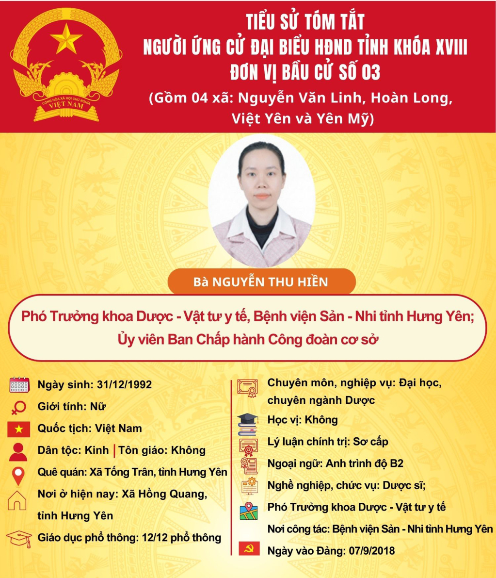 TIỂU SỬ CỦA ỨNG CỬ VIÊN ĐẠI BIỂU HĐND TỈNH KHÓA XVIII TẠI ĐƠN VỊ BẦU CỬ SỐ 3: BÀ NGUYỄN THU HIỀN