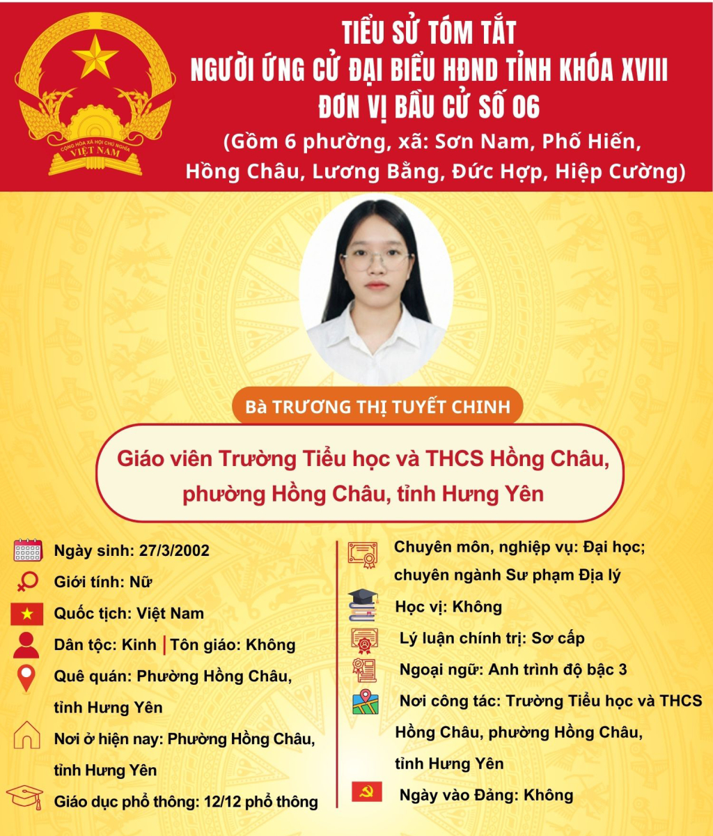 TIỂU SỬ CỦA ỨNG CỬ VIÊN ĐẠI BIỂU HĐND TỈNH KHÓA XVIII TẠI ĐƠN VỊ BẦU CỬ SỐ 6: BÀ TRƯƠNG THỊ TUYẾT CHINH