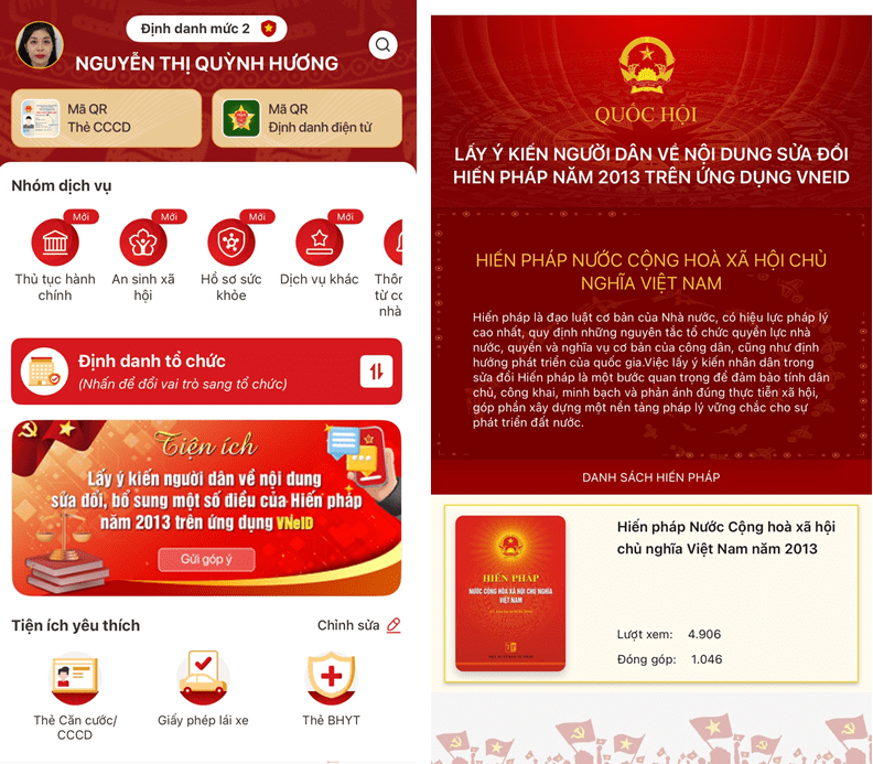 TIỆN ÍCH LẤY Ý KIẾN CỦA NHÂN DÂN VỀ DỰ THẢO SỬA ĐỔI, BỔ SUNG MỘT SỐ ĐIỀU CỦA HIẾN PHÁP NĂM 2013 TRÊN ỨNG DỤNG VNEID