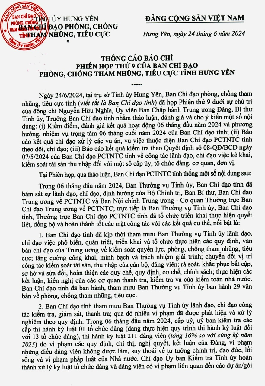   Thông cáo báo chí phiên họp thứ 9 của Ban Chỉ đạo phòng, chống tham nhũng, tiêu cực tỉnh Hưng Yên